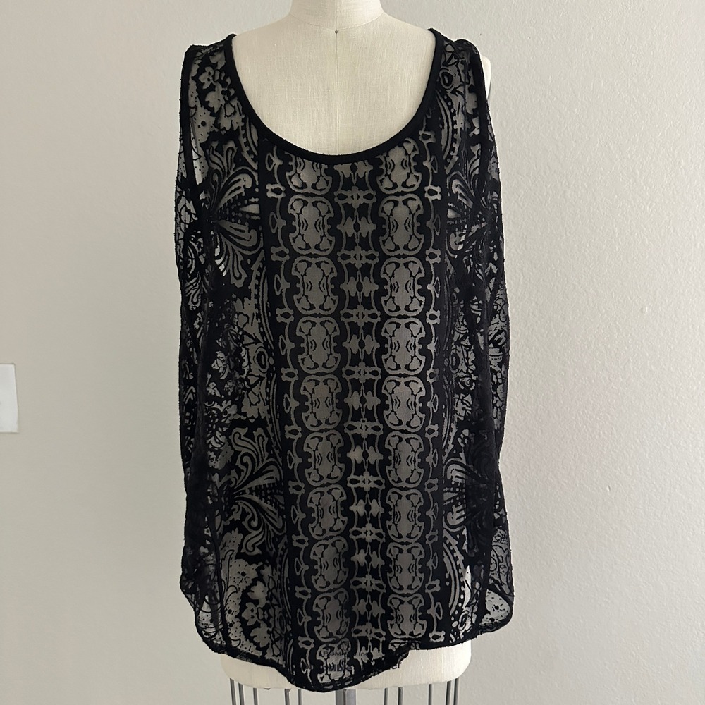 Mossimo Tank Top Women XL Black Damask Floral Lace Sheer Burnout Racerback Boho
